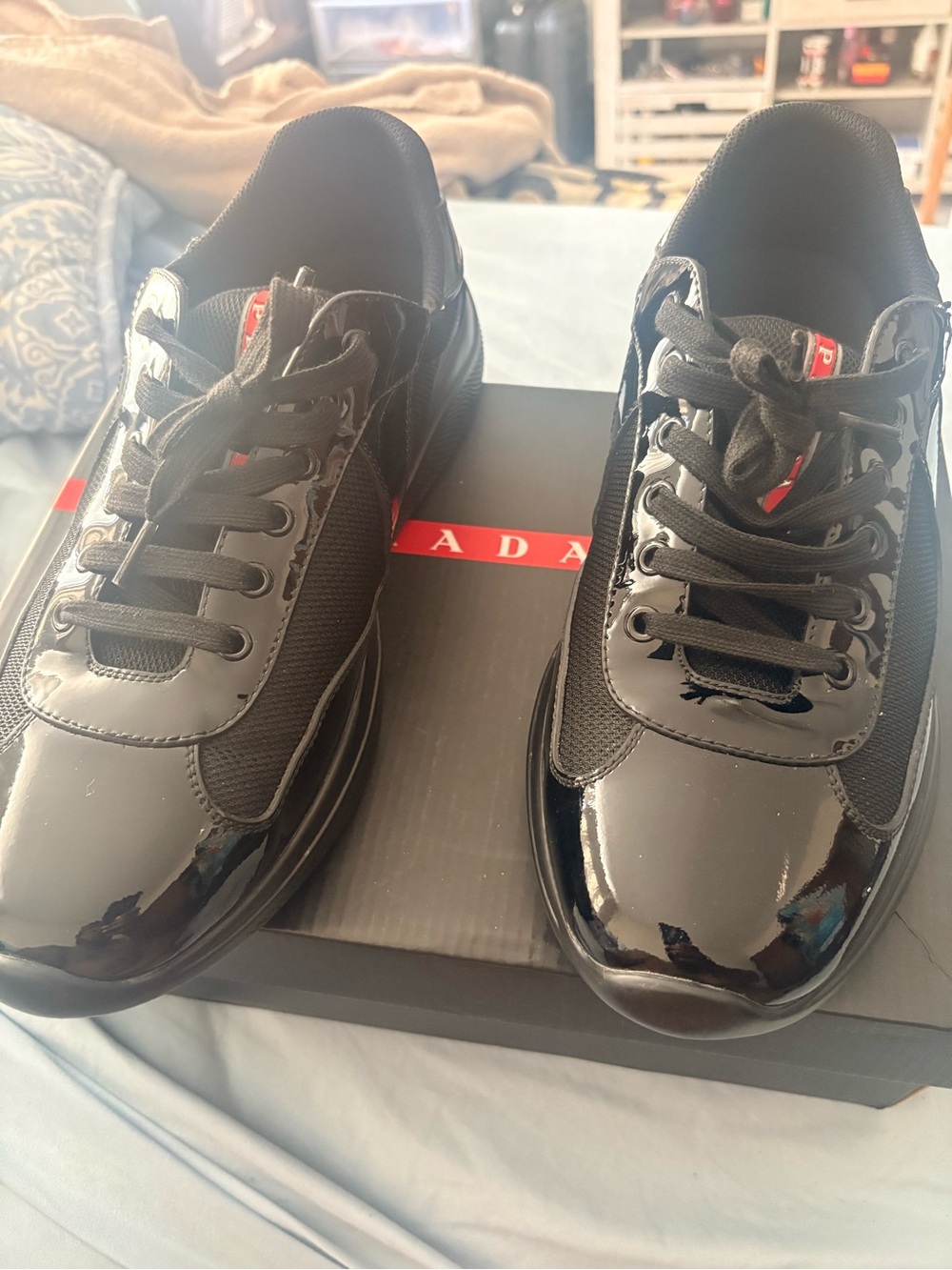 Prada Black Patent Leather & Mesh Low-Top Sneakers